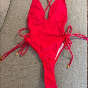 SHEIN Red One-Piece Swimsuit with Side Tie Details